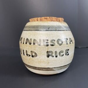 Vtg Minnesota Wild Rice Round Cork Lid Crock Canister Stoneware Storage Jar Glaz